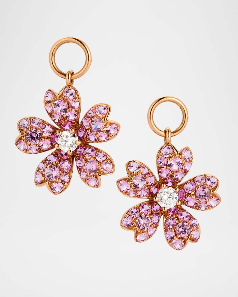 Rocks 18K Rose Gold Pink Sapphire Flower Earring Charms with Diamonds